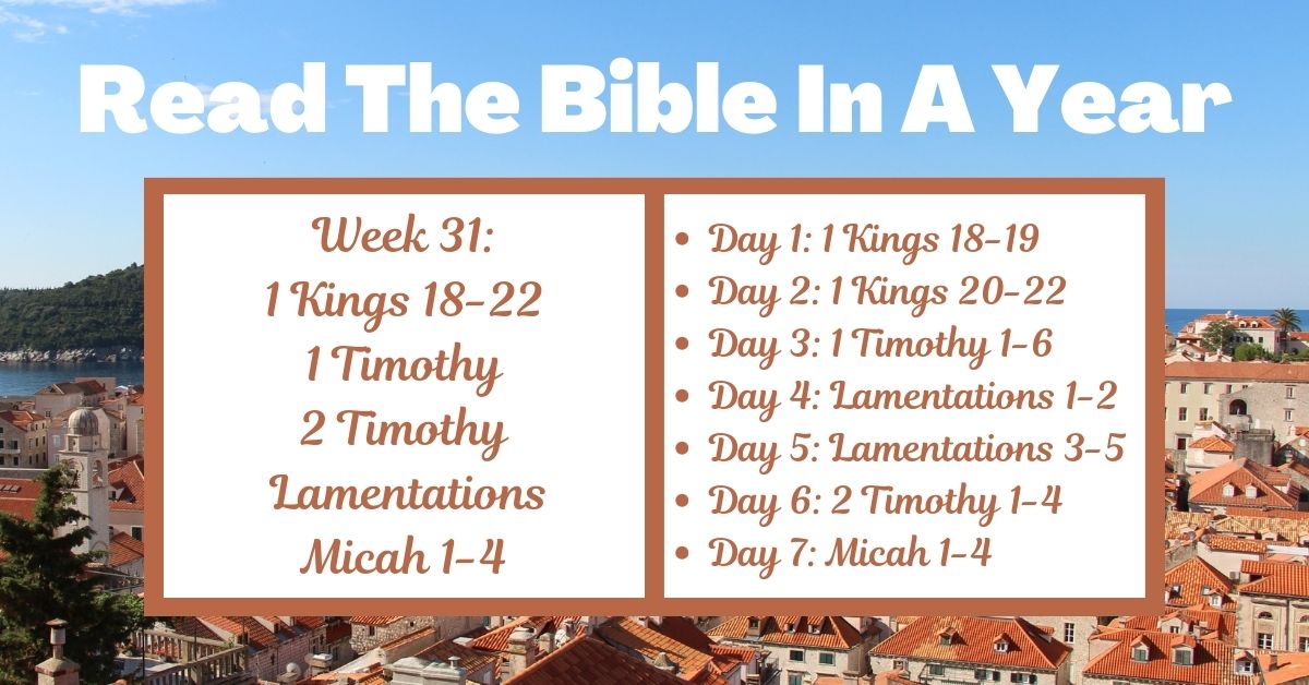 Read the Bible in a Year: Week 31 – 1 Kings 18-22, Timothy, Lamentations, and Micah&nbsp;1-4
