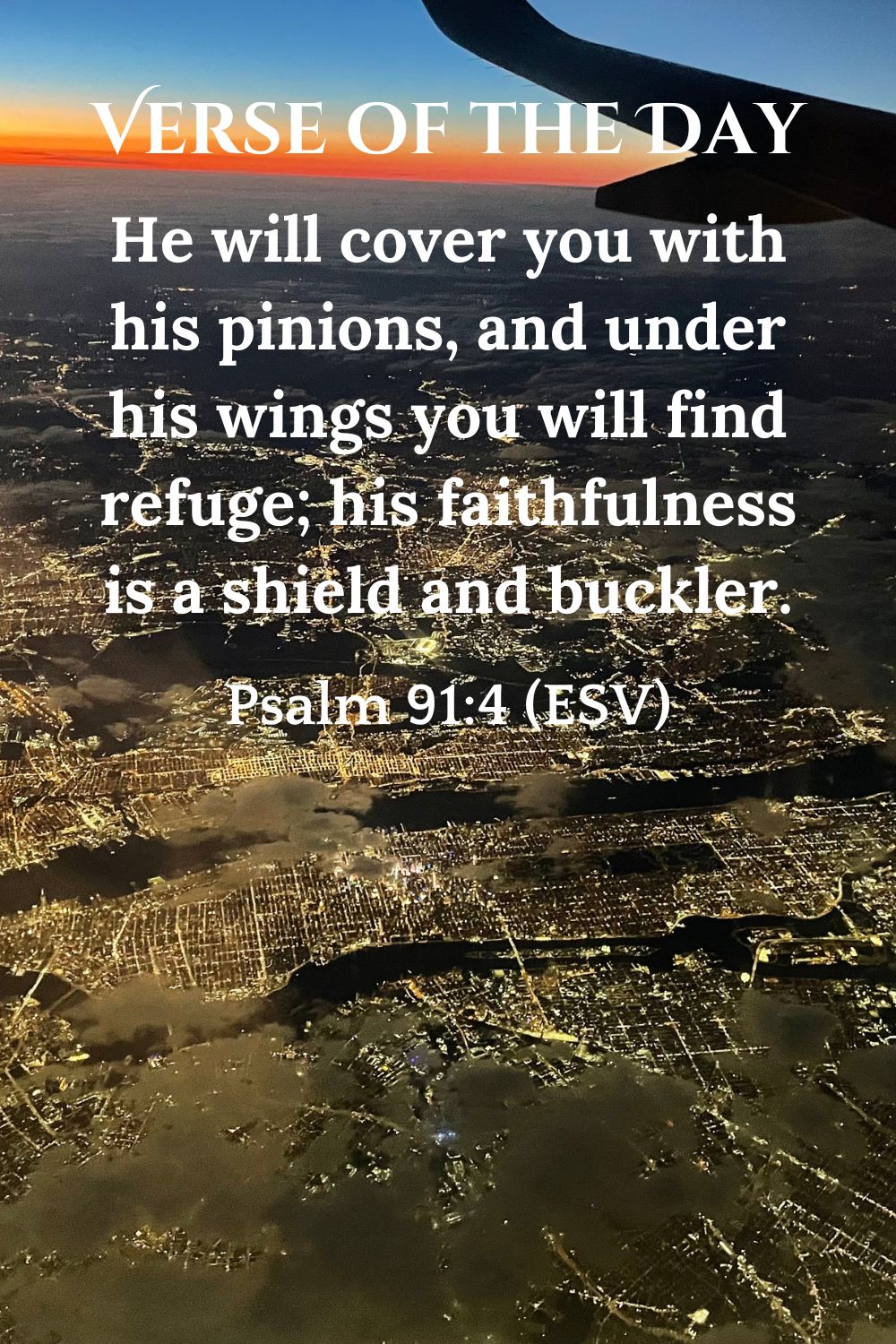 Psalm 91:4 (ESV): He will cover you with his pinions, and under his wings you will find refuge; his faithfulness is a shield and buckler.