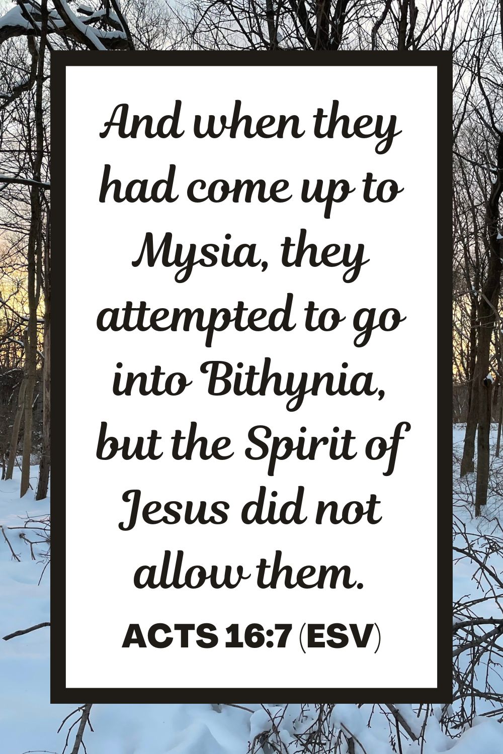 And when they had come up to Mysia, they attempted to go into Bithynia, but the Spirit of Jesus did not allow them. - Acts 16:7 (ESV)