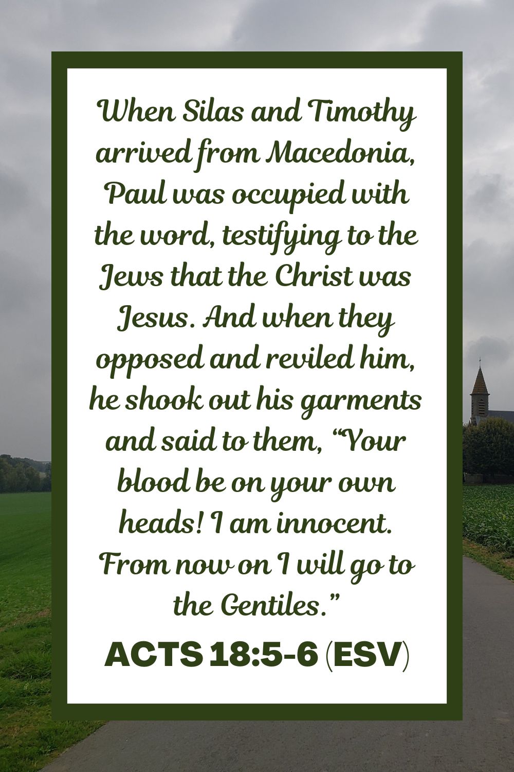 When Silas and Timothy arrived from Macedonia, Paul was occupied with the word, testifying to the Jews that the Christ was Jesus. And when they opposed and reviled him, he shook out his garments and said to them, “Your blood be on your own heads! I am innocent. From now on I will go to the Gentiles.” - Acts 18:5-6 (ESV)