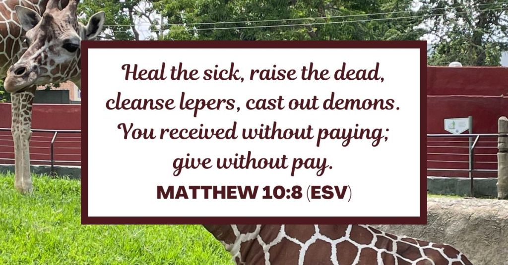 Heal the sick, raise the dead, cleanse lepers, cast out demons. You received without paying; give without pay. - Matthew 10:8 (ESV)