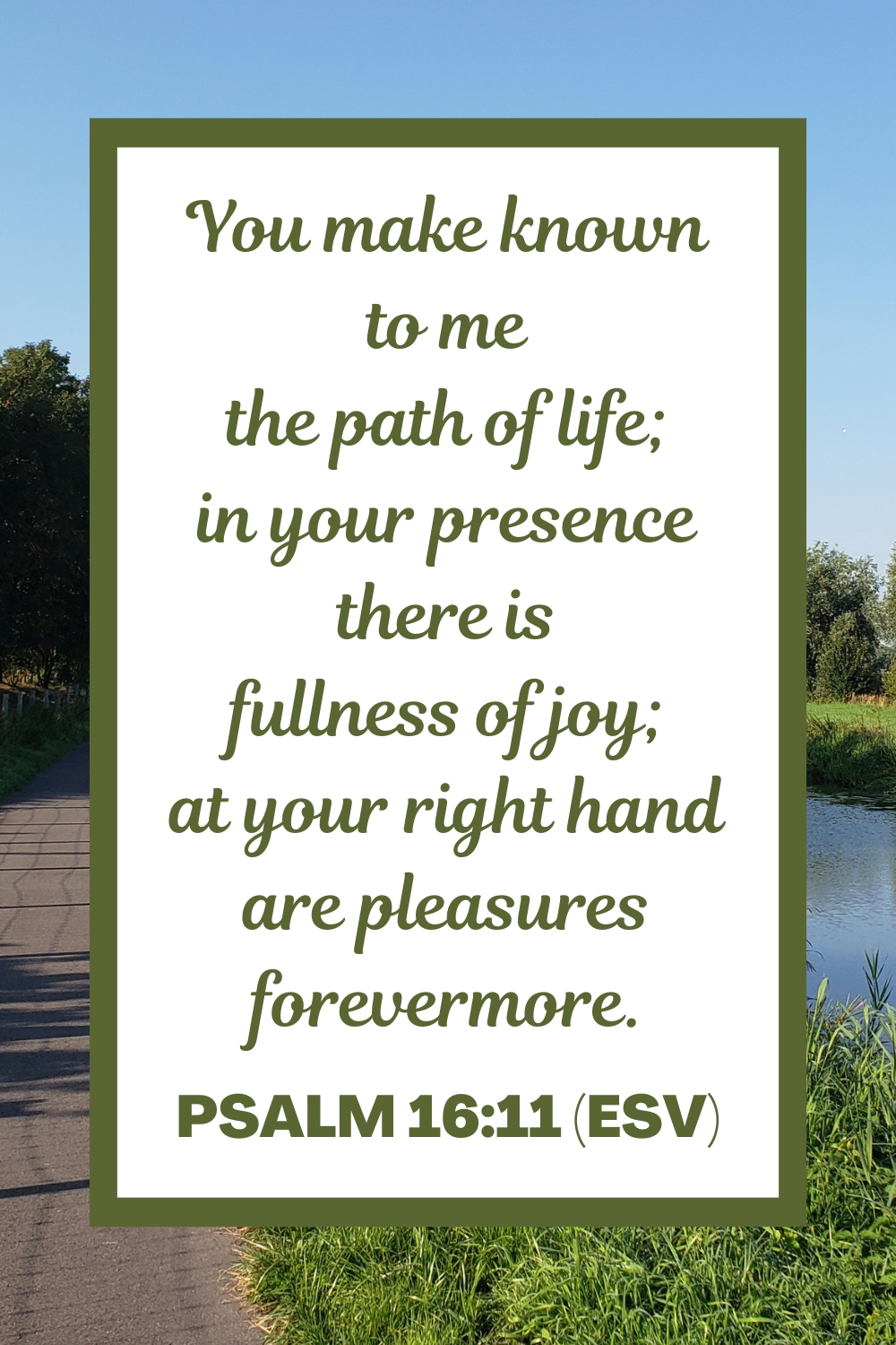 You make known to me the path of life; in your presence there is fullness of joy; at your right hand are pleasures forevermore. - Psalm 16:11 (ESV)