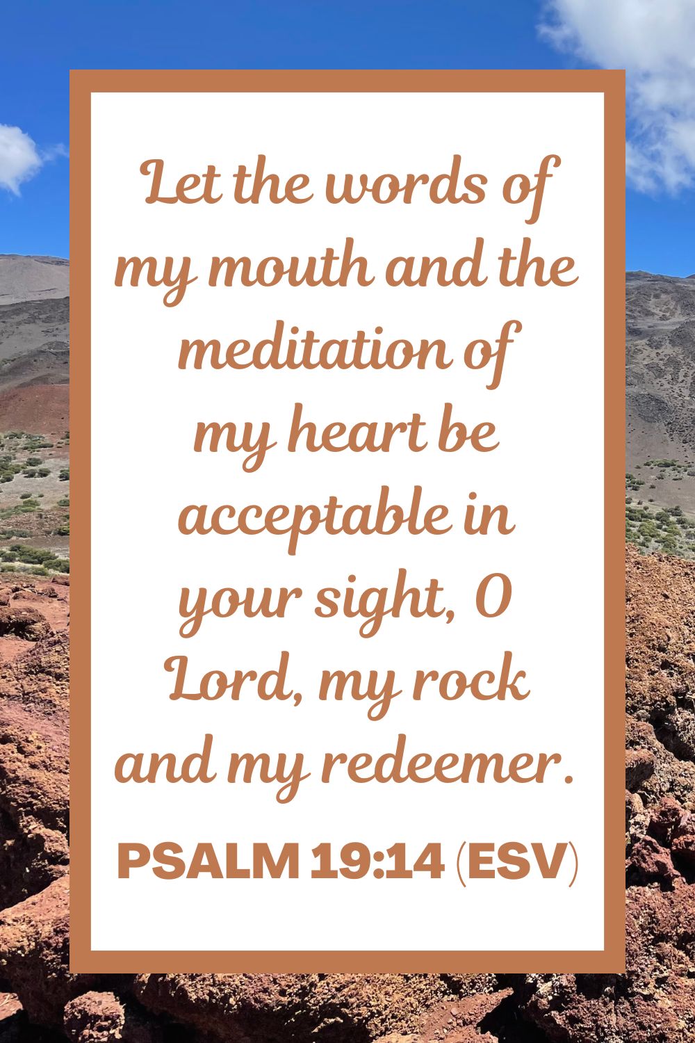Let the words of my mouth and the meditation of my heart be acceptable in your sight, O Lord, my rock and my redeemer. - Psalm 19:14 (ESV)