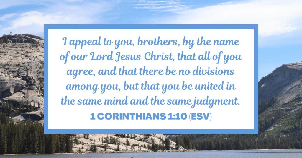 I appeal to you, brothers, by the name of our Lord Jesus Christ, that all of you agree, and that there be no divisions among you, but that you be united in the same mind and the same judgment. - 1 Corinthians 1:10 (ESV)