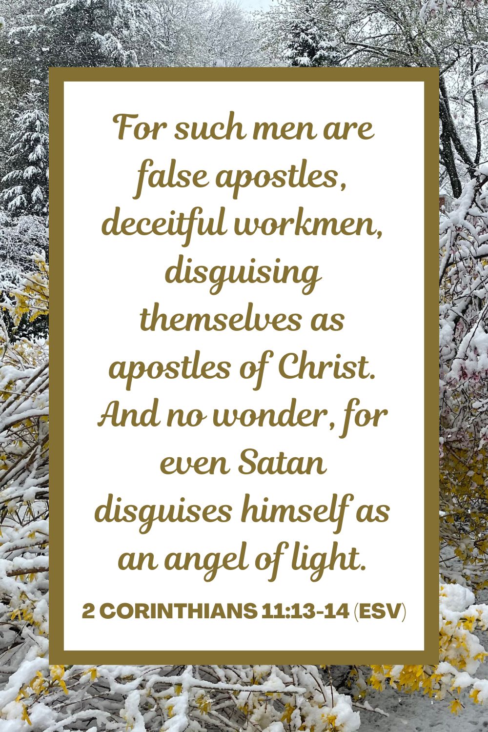 For such men are false apostles, deceitful workmen, disguising themselves as apostles of Christ. And no wonder, for even Satan disguises himself as an angel of light. - 2 Corinthians 11:13-14 (ESV)