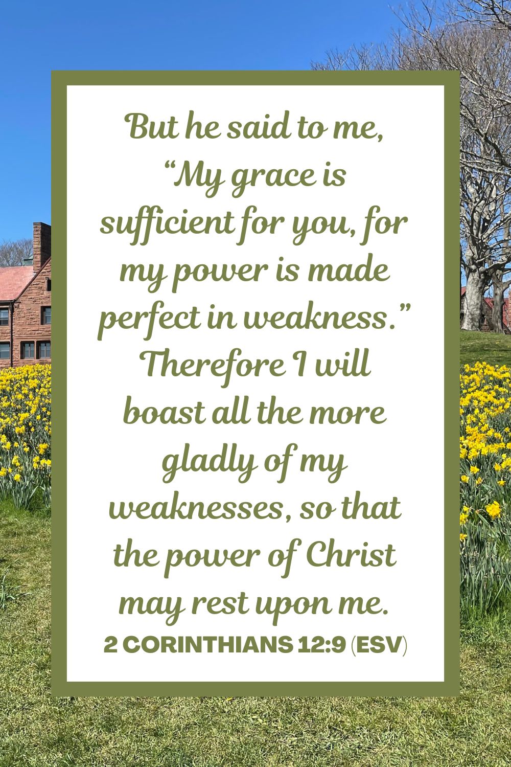 But he said to me, “My grace is sufficient for you, for my power is made perfect in weakness.” Therefore I will boast all the more gladly of my weaknesses, so that the power of Christ may rest upon me. - 2 Corinthians 12:9 (ESV)