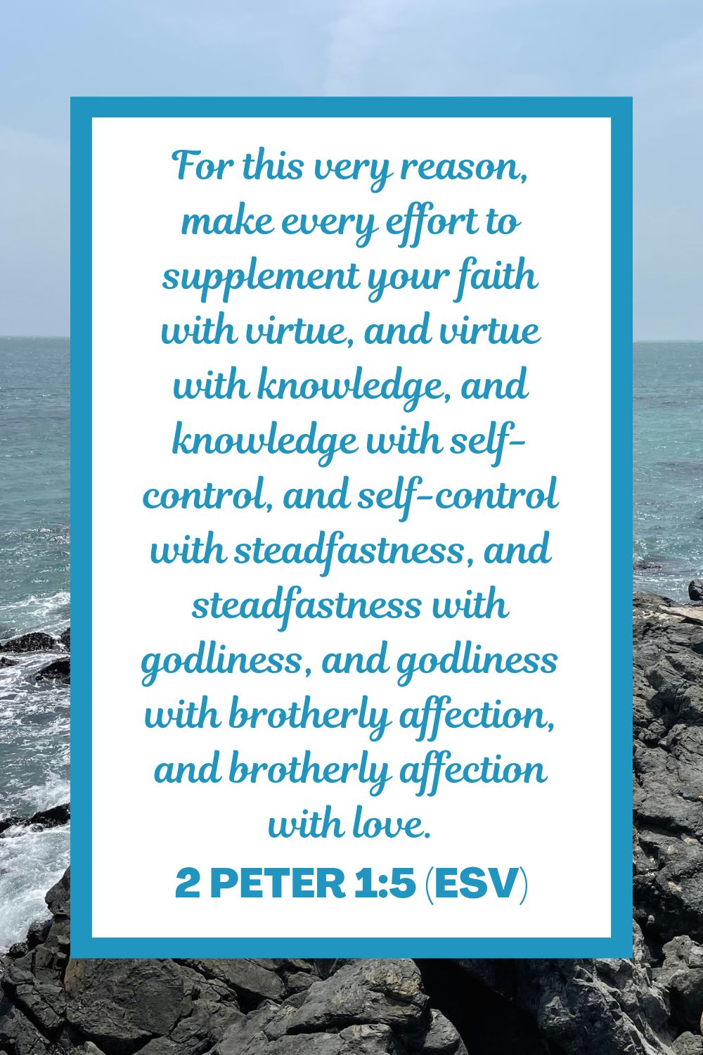 For this very reason, make every effort to supplement your faith with virtue, and virtue with knowledge, and knowledge with self-control, and self-control with steadfastness, and steadfastness with godliness, and godliness with brotherly affection, and brotherly affection with love. - 2 Peter 1:5 (ESV)