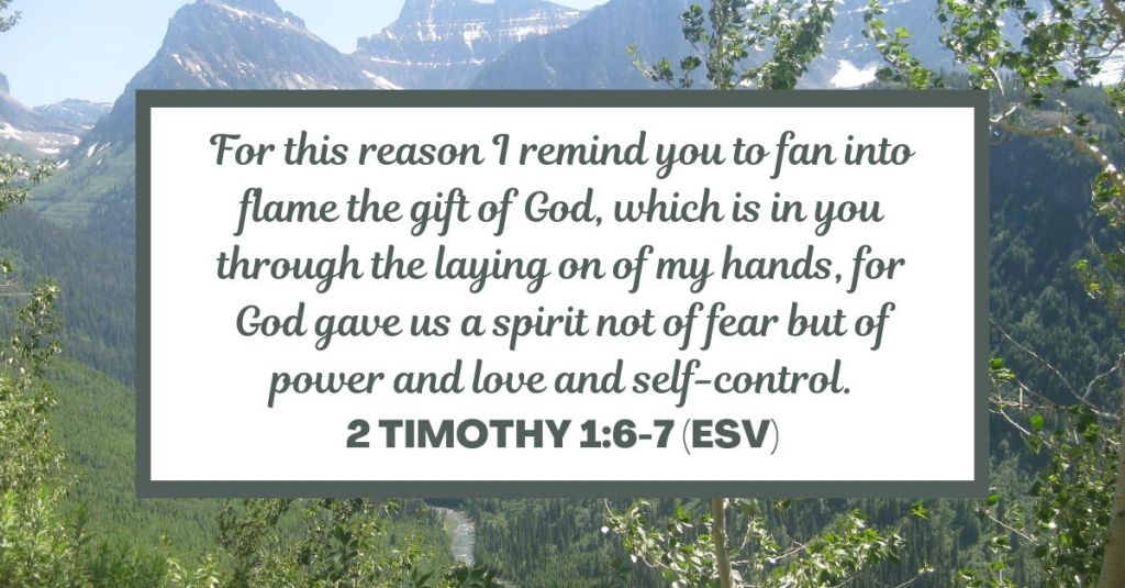 For this reason I remind you to fan into flame the gift of God, which is in you through the laying on of my hands, for God gave us a spirit not of fear but of power and love and self-control. - 2 Timothy 1:6-7 (ESV)