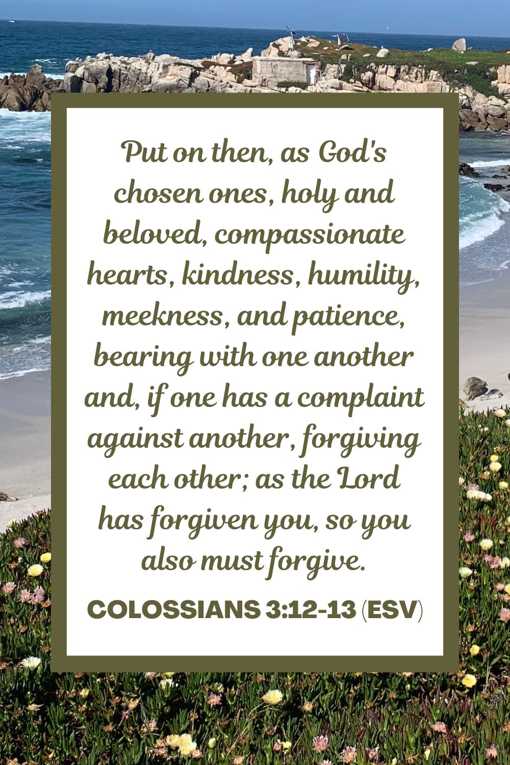 Put on then, as God's chosen ones, holy and beloved, compassionate hearts, kindness, humility, meekness, and patience, bearing with one another and, if one has a complaint against another, forgiving each other; as the Lord has forgiven you, so you also must forgive. - Colossians 3:12-13 (ESV)