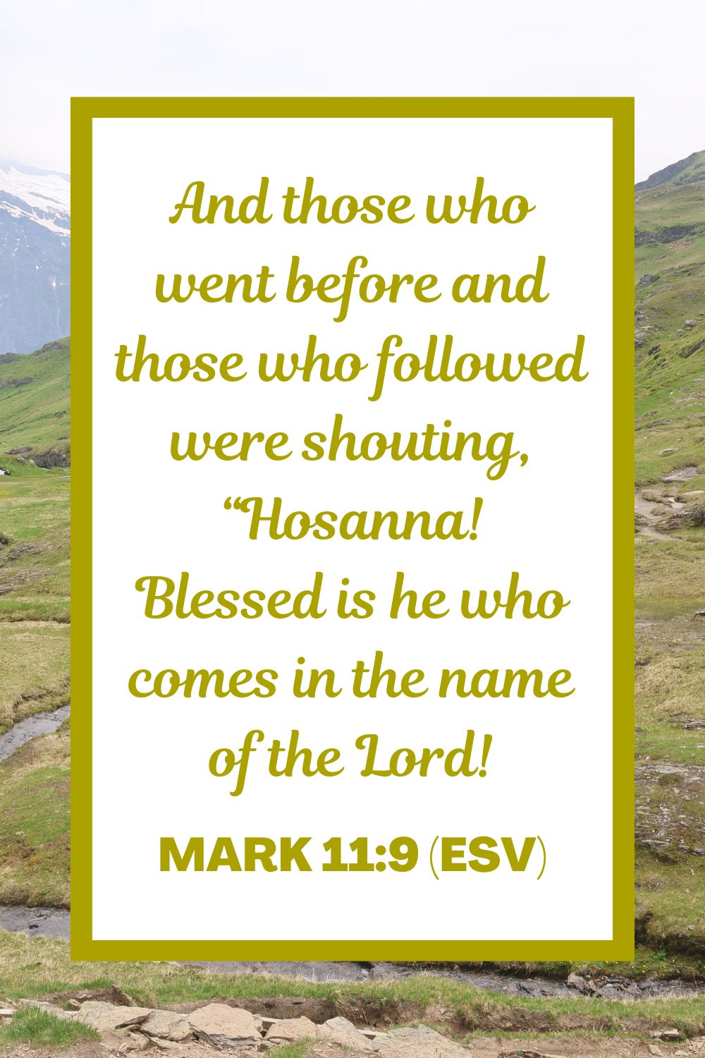 And those who went before and those who followed were shouting, “Hosanna! Blessed is he who comes in the name of the Lord! - Mark 11:9 (ESV)