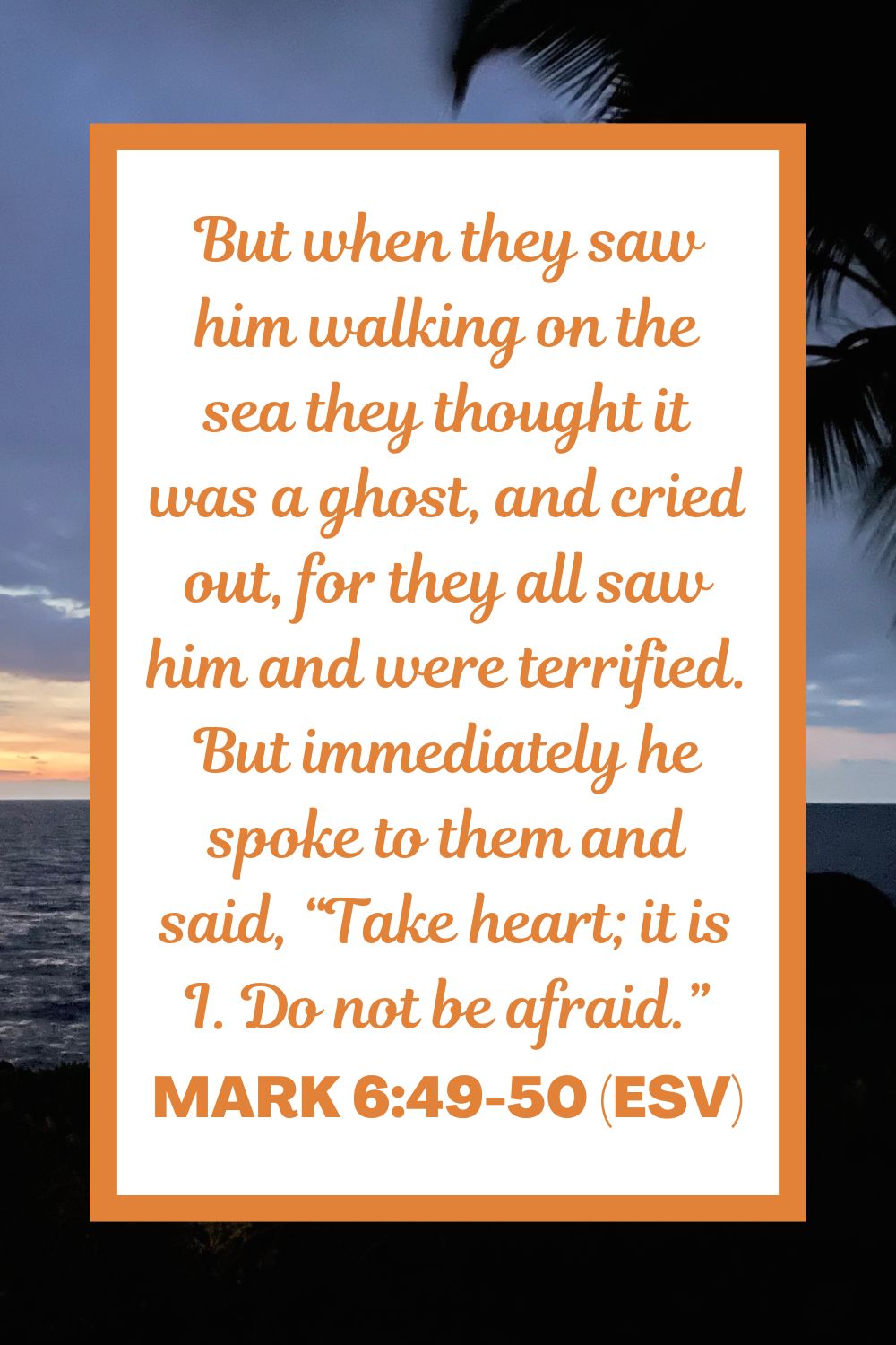 But when they saw him walking on the sea they thought it was a ghost, and cried out, for they all saw him and were terrified. But immediately he spoke to them and said, “Take heart; it is I. Do not be afraid.” - Mark 6:49-50 (ESV)