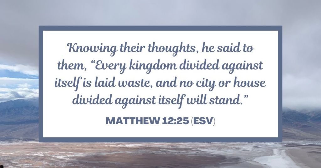 Knowing their thoughts, he said to them, “Every kingdom divided against itself is laid waste, and no city or house divided against itself will stand." - Matthew 12:25 (ESV)