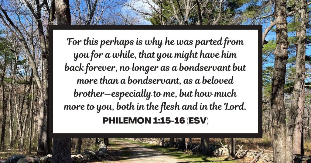 For this perhaps is why he was parted from you for a while, that you might have him back forever, no longer as a bondservant but more than a bondservant, as a beloved brother—especially to me, but how much more to you, both in the flesh and in the Lord. - Philemon 1:15-16 (ESV)