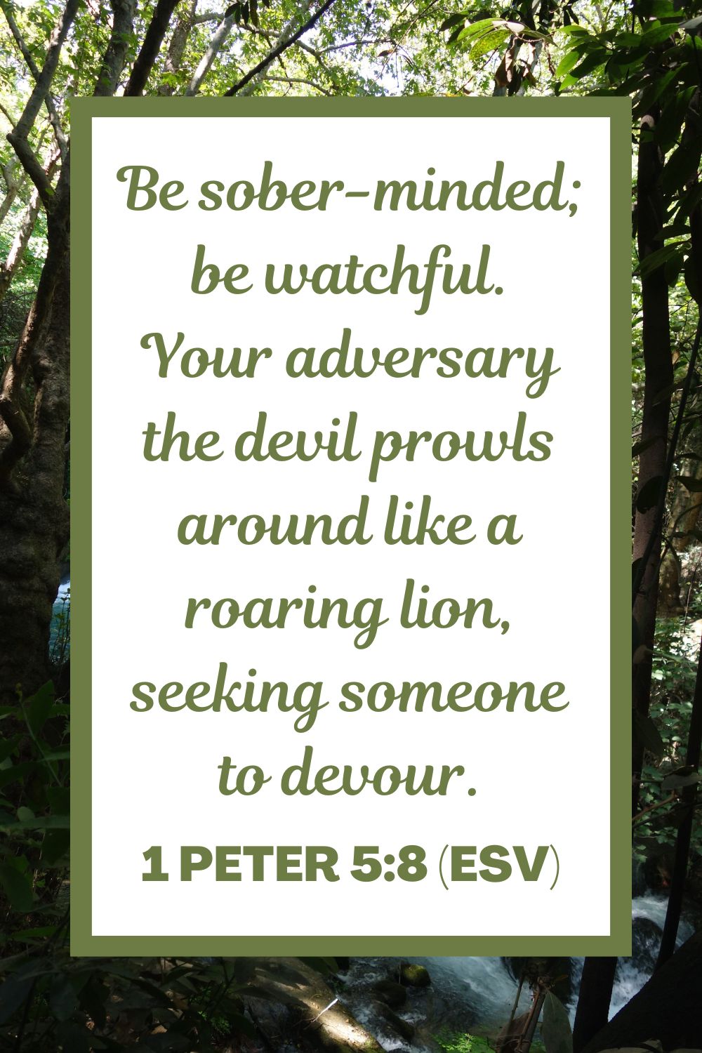 1 Peter 5:8 (ESV): Be sober-minded; be watchful. Your adversary the devil prowls around like a roaring lion, seeking someone to devour.