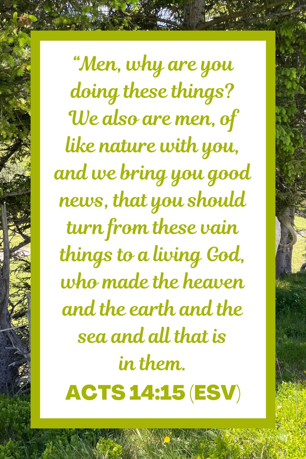 Acts 14:15 (ESV): “Men, why are you doing these things? We also are men, of like nature with you, and we bring you good news, that you should turn from these vain things to a living God, who made the heaven and the earth and the sea and all that is in them.
