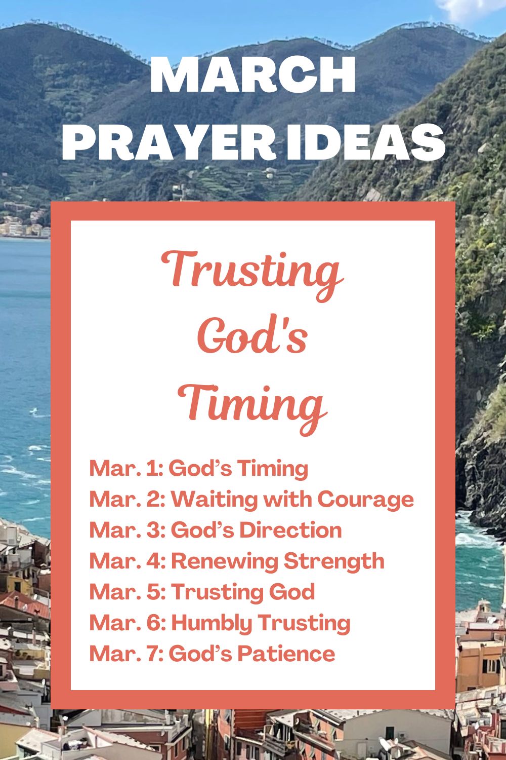 Days 1-7: Trusting God's Timing March 1: Trusting in God’s Sovereign Timing March 2: Waiting with Courage March 3: Letting God Direct Our Steps March 4: Renewing Strength in the Wait March 5: Trusting God with Our Times March 6: Humbly Trusting God's Timing March 7: Trusting in God’s Patience and Promises