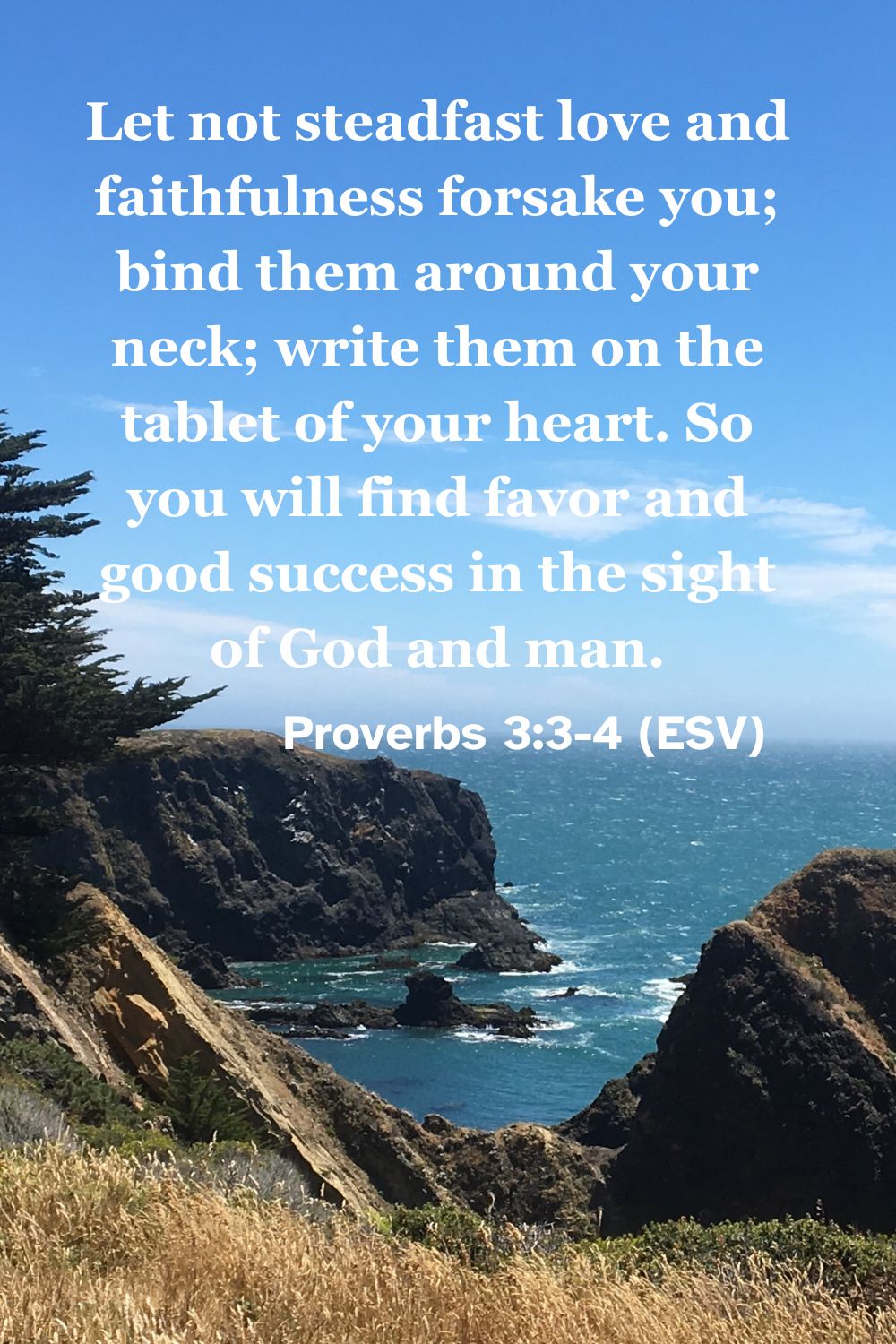 Proverbs 3:3-4 (ESV): Let not steadfast love and faithfulness forsake you; bind them around your neck; write them on the tablet of your heart. So you will find favor and good success in the sight of God and man.