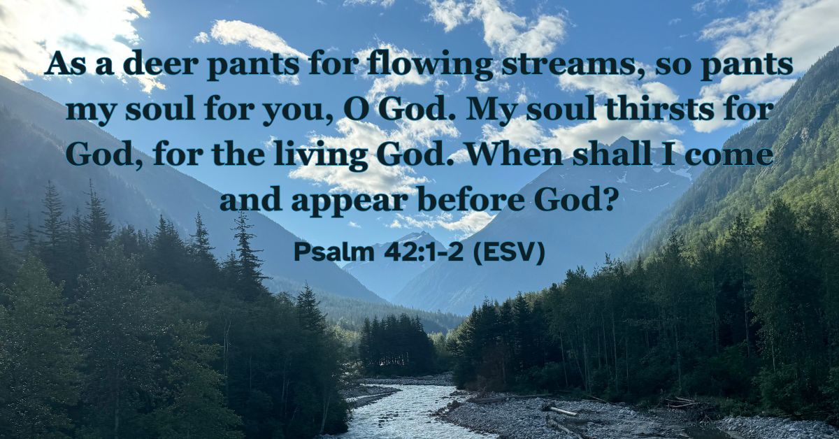 Psalm 42:1-2 (ESV): As a deer pants for flowing streams, so pants my soul for you, O God. My soul thirsts for God, for the living God. When shall I come and appear before God?