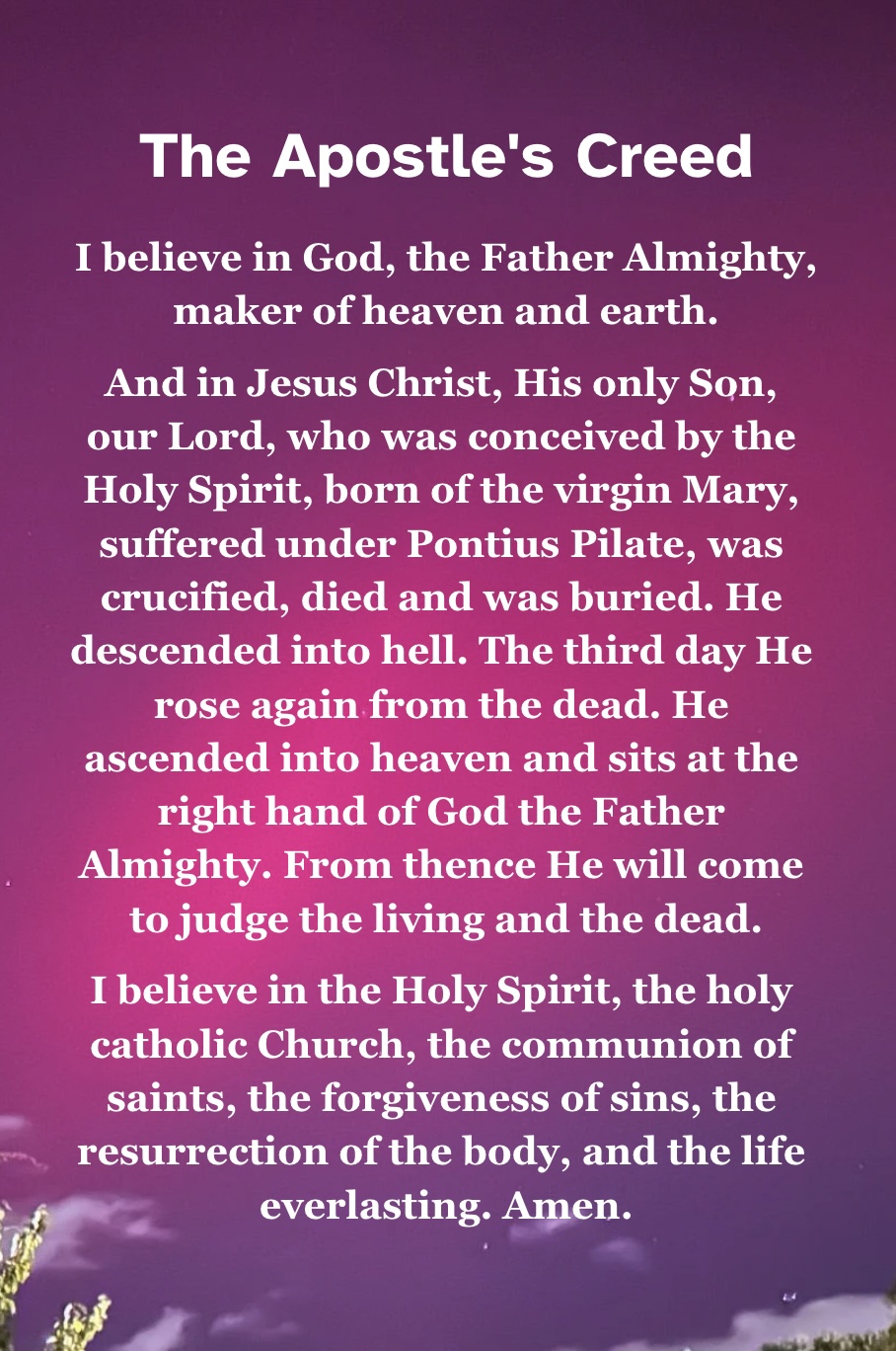 The Apostle's Creed I believe in God, the Father Almighty, maker of heaven and earth. And in Jesus Christ, His only Son, our Lord, who was conceived by the Holy Spirit, born of the virgin Mary, suffered under Pontius Pilate, was crucified, died and was buried. He descended into hell. The third day He rose again from the dead. He ascended into heaven and sits at the right hand of God the Father Almighty. From thence He will come to judge the living and the dead. I believe in the Holy Spirit, the holy catholic Church, the communion of saints, the forgiveness of sins, the resurrection of the body, and the life everlasting. Amen.
