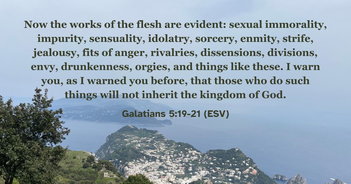 Galatians 5:19-21 (ESV): Now the works of the flesh are evident: sexual immorality, impurity, sensuality, idolatry, sorcery, enmity, strife, jealousy, fits of anger, rivalries, dissensions, divisions, envy, drunkenness, orgies, and things like these. I warn you, as I warned you before, that those who do such things will not inherit the kingdom of God.