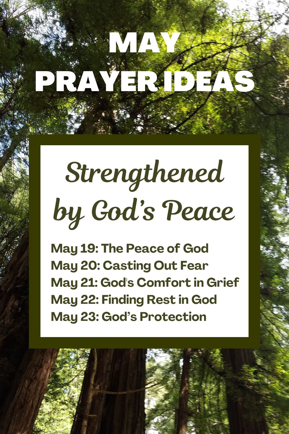 Days 19-23: Strengthened by God’s Peace May 19: The Peace of God May 20: Casting Out Fear May 21: God's Comfort in Grief May 22: Finding Rest in God May 23: God’s Protection