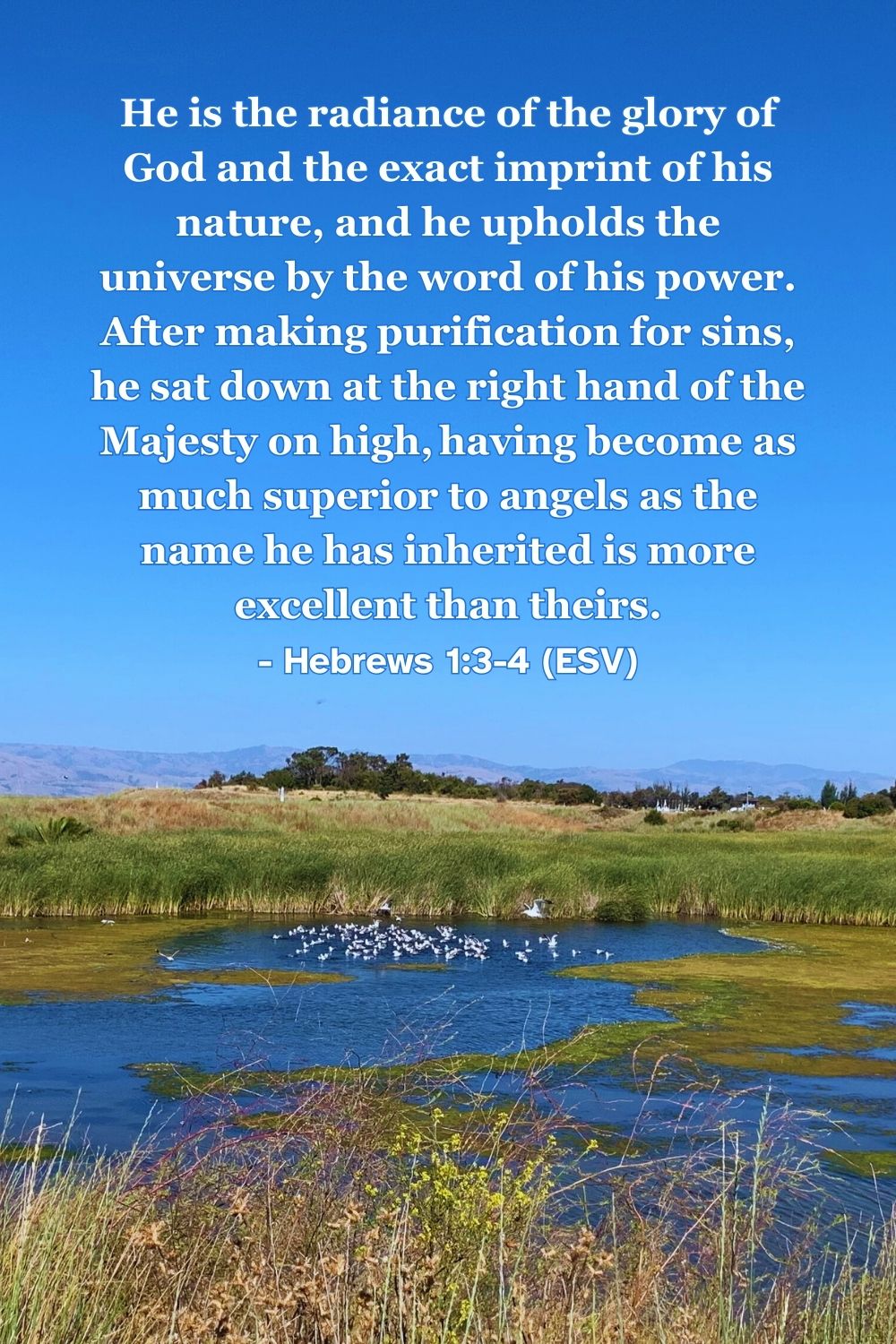 Hebrews 1:3-4 (ESV): He is the radiance of the glory of God and the exact imprint of his nature, and he upholds the universe by the word of his power. After making purification for sins, he sat down at the right hand of the Majesty on high, having become as much superior to angels as the name he has inherited is more excellent than theirs.