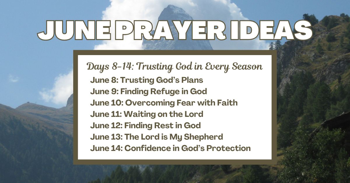 Days 8-14: Trusting God in Every Season June 8: Trusting God’s Plans June 9: Finding Refuge in God June 10: Overcoming Fear with Faith June 11: Waiting on the Lord June 12: Finding Rest in God June 13: The Lord is My Shepherd June 14: Confidence in God’s Protection