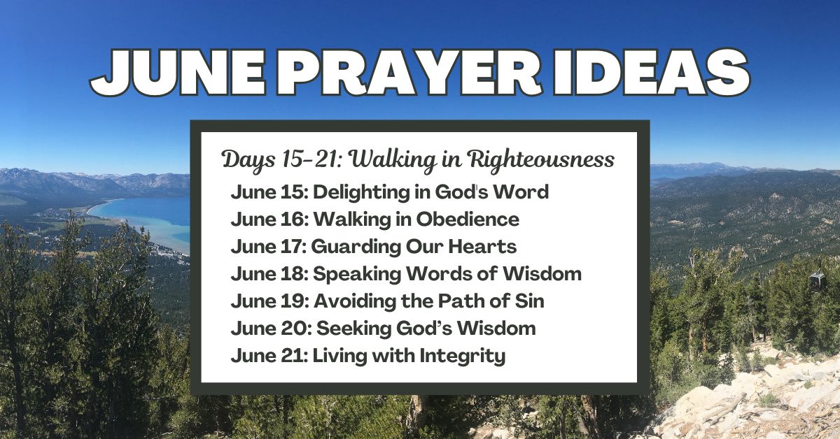Days 15-21: Walking in Righteousness June 15: Delighting in God's Word June 16: Walking in Obedience June 17: Guarding Our Hearts June 18: Speaking Words of Wisdom June 19: Avoiding the Path of Sin June 20: Seeking God’s Wisdom June 21: Living with Integrity