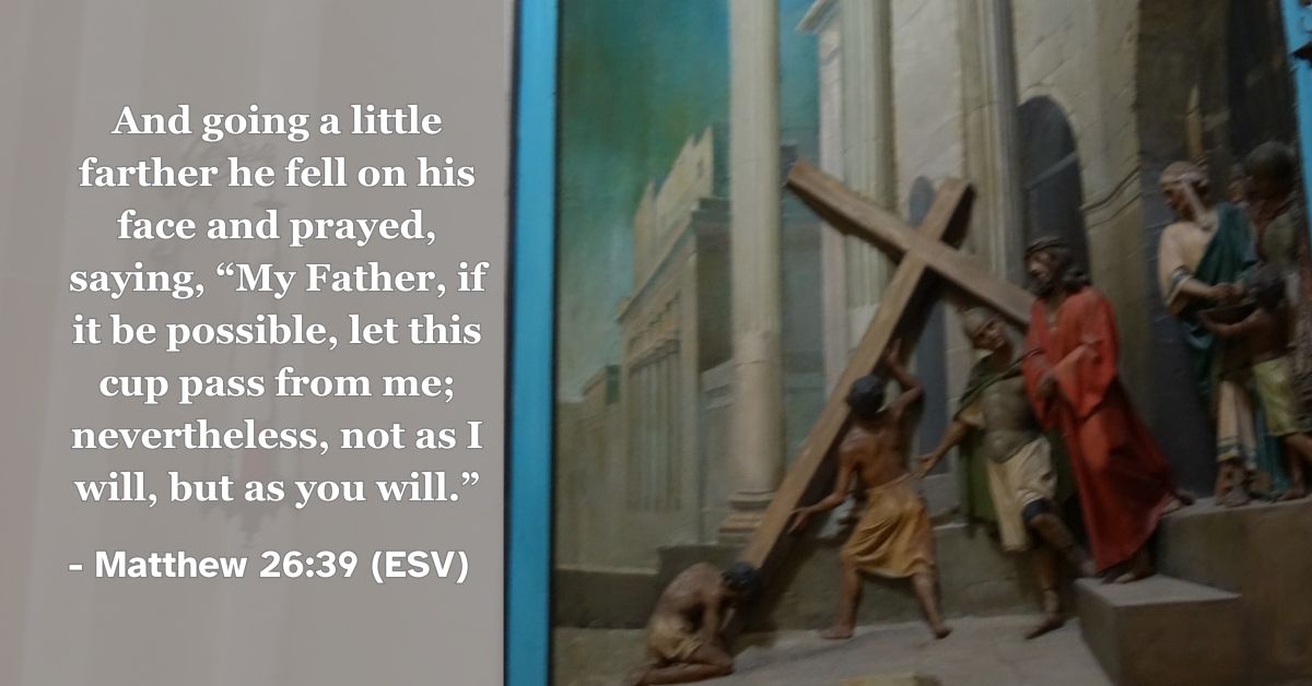 Matthew 26:39 (ESV): And going a little farther he fell on his face and prayed, saying, “My Father, if it be possible, let this cup pass from me; nevertheless, not as I will, but as you will.”
