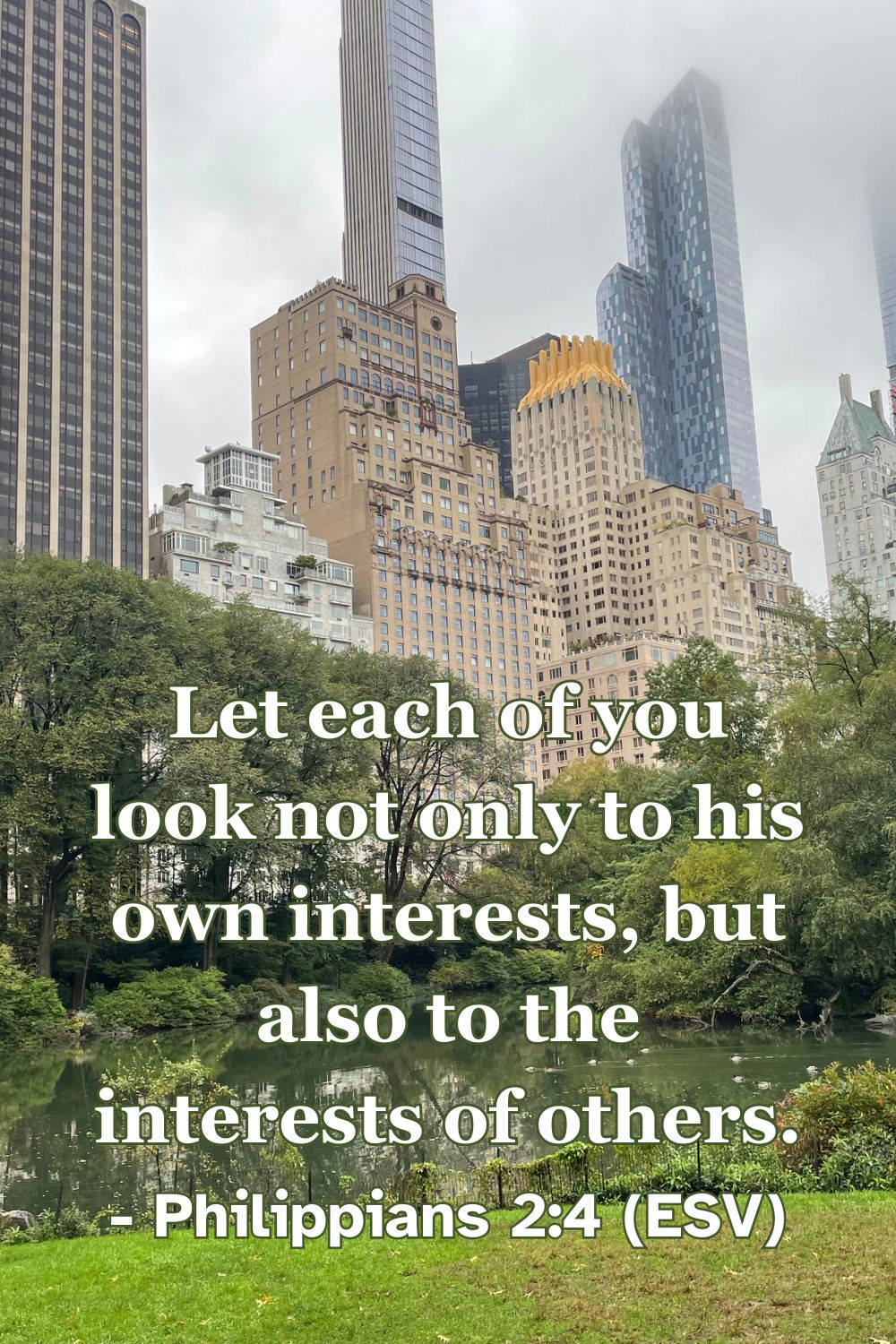 Philippians 2:4 (ESV): "Let each of you look not only to his own interests, but also to the interests of others."
