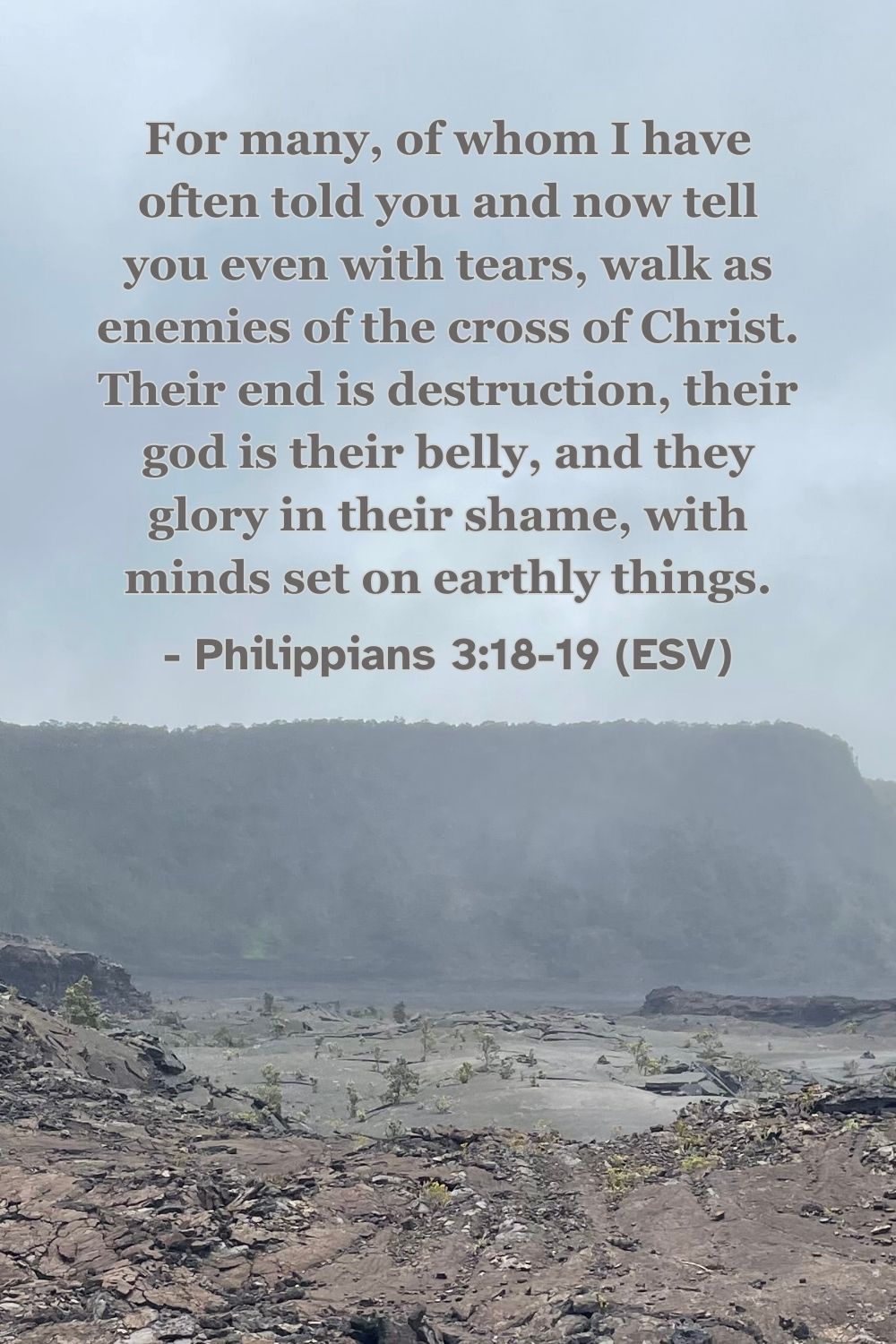 Philippians 3:18-19 (ESV): For many, of whom I have often told you and now tell you even with tears, walk as enemies of the cross of Christ. Their end is destruction, their god is their belly, and they glory in their shame, with minds set on earthly things.