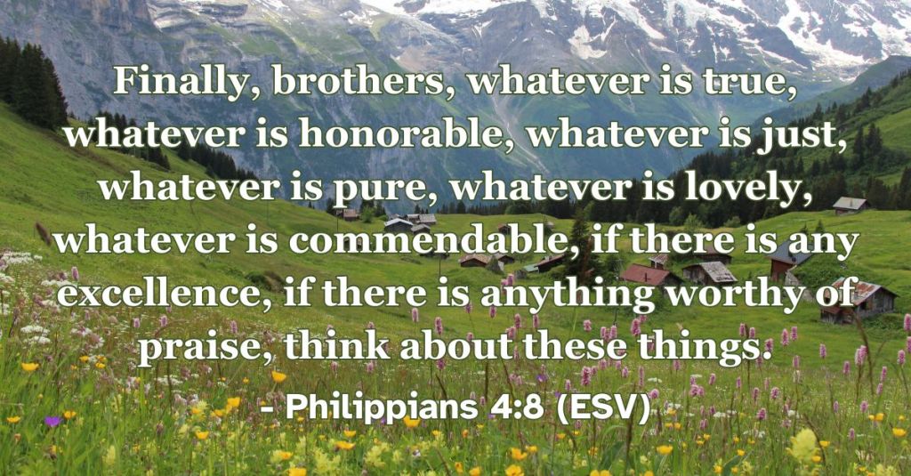Philippians 4:8 (ESV): Finally, brothers, whatever is true, whatever is honorable, whatever is just, whatever is pure, whatever is lovely, whatever is commendable, if there is any excellence, if there is anything worthy of praise, think about these things.