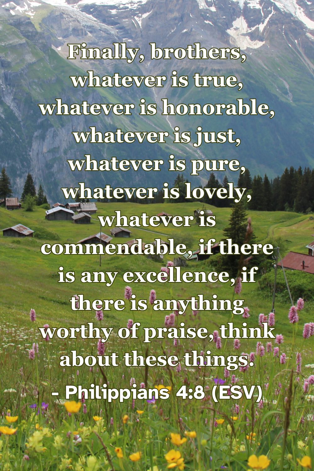Philippians 4:8 (ESV): Finally, brothers, whatever is true, whatever is honorable, whatever is just, whatever is pure, whatever is lovely, whatever is commendable, if there is any excellence, if there is anything worthy of praise, think about these things.