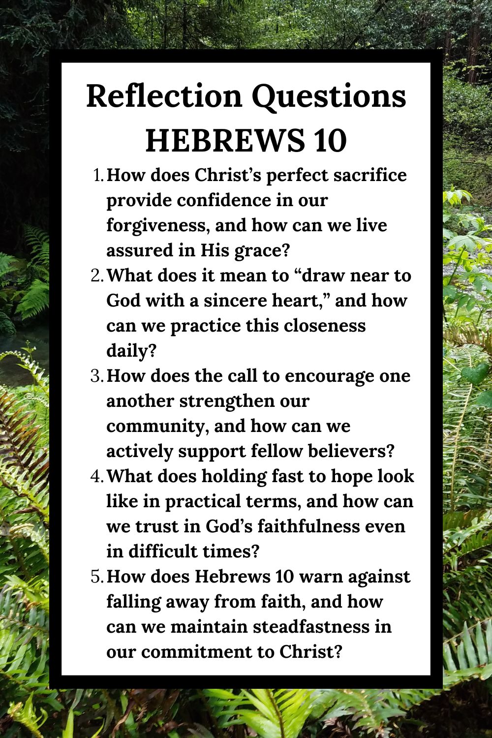 Reflection Questions Hebrews 10 How does Christ’s perfect sacrifice provide confidence in our forgiveness, and how can we live assured in His grace? What does it mean to “draw near to God with a sincere heart,” and how can we practice this closeness daily? How does the call to encourage one another strengthen our community, and how can we actively support fellow believers? What does holding fast to hope look like in practical terms, and how can we trust in God’s faithfulness even in difficult times? How does Hebrews 10 warn against falling away from faith, and how can we maintain steadfastness in our commitment to Christ?