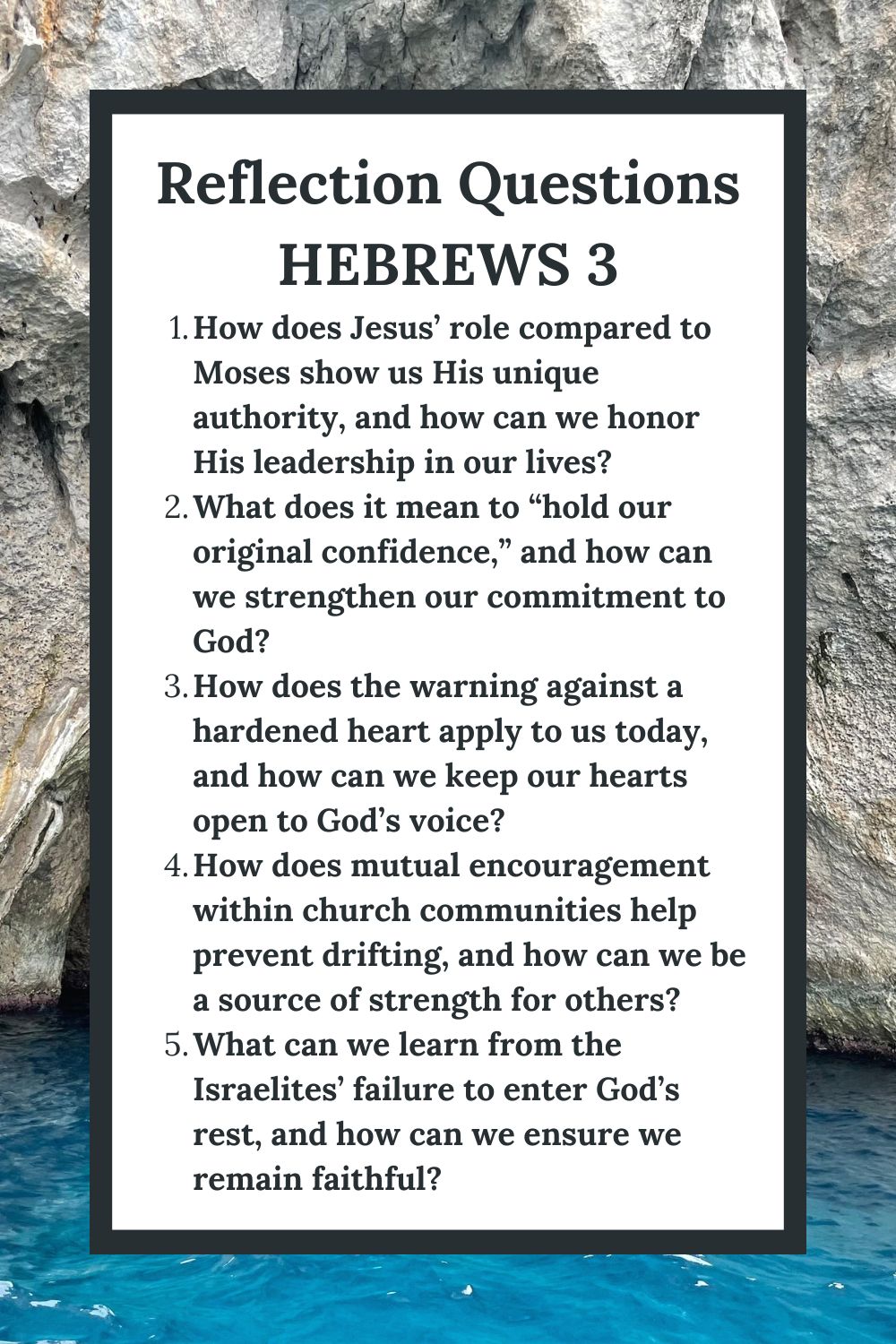 Reflection Questions Hebrews 3 How does Jesus’ role compared to Moses show us His unique authority, and how can we honor His leadership in our lives? What does it mean to “hold our original confidence,” and how can we strengthen our commitment to God? How does the warning against a hardened heart apply to us today, and how can we keep our hearts open to God’s voice? How does mutual encouragement within church communities help prevent drifting, and how can we be a source of strength for others? What can we learn from the Israelites’ failure to enter God’s rest, and how can we ensure we remain faithful?