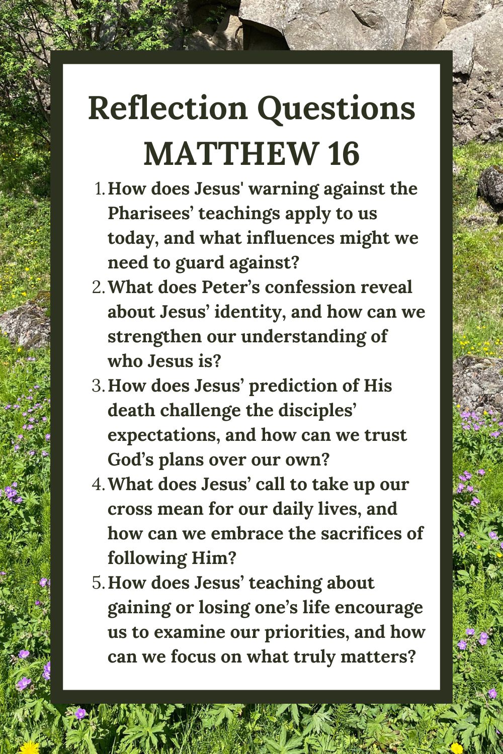 Reflection Questions
Matthew 16
How does Jesus' warning against the Pharisees’ teachings apply to us today, and what influences might we need to guard against?
What does Peter’s confession reveal about Jesus’ identity, and how can we strengthen our understanding of who Jesus is?
How does Jesus’ prediction of His death challenge the disciples’ expectations, and how can we trust God’s plans over our own?
What does Jesus’ call to take up our cross mean for our daily lives, and how can we embrace the sacrifices of following Him?
How does Jesus’ teaching about gaining or losing one’s life encourage us to examine our priorities, and how can we focus on what truly matters?