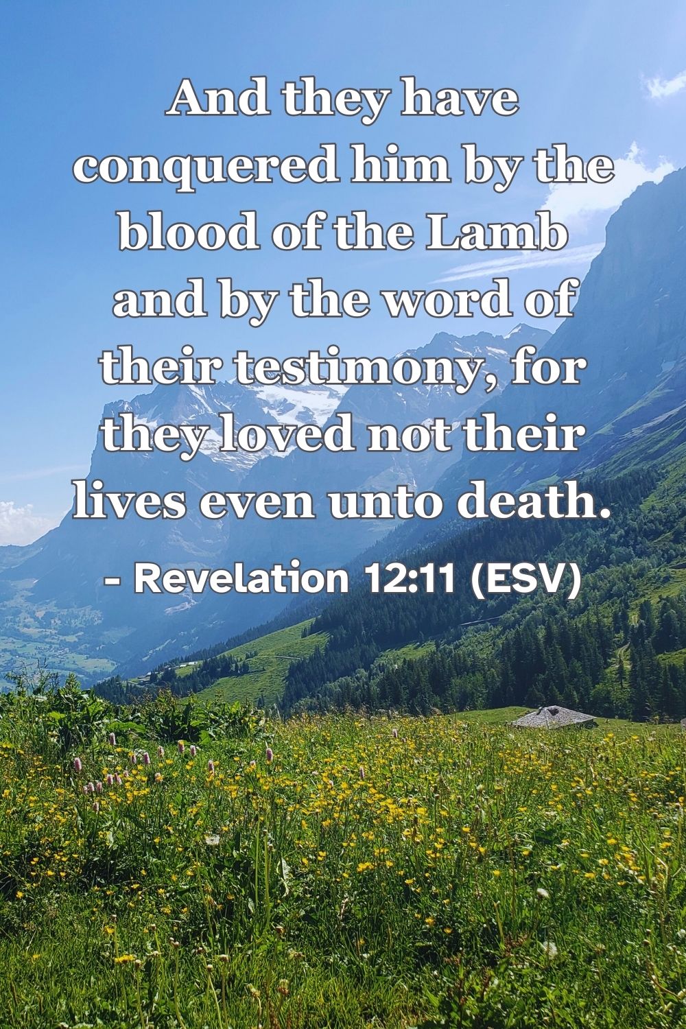 Revelation 12:11 (ESV): And they have conquered him by the blood of the Lamb and by the word of their testimony, for they loved not their lives even unto death.