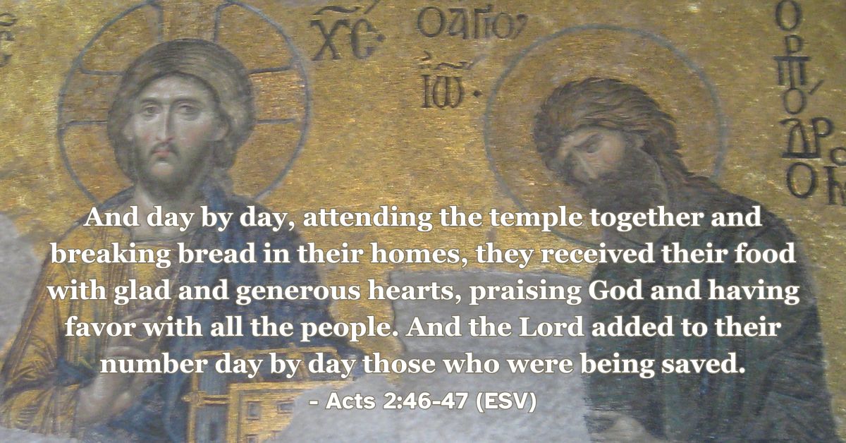 Acts 2:46-47 (ESV): And day by day, attending the temple together and breaking bread in their homes, they received their food with glad and generous hearts, praising God and having favor with all the people. And the Lord added to their number day by day those who were being saved.