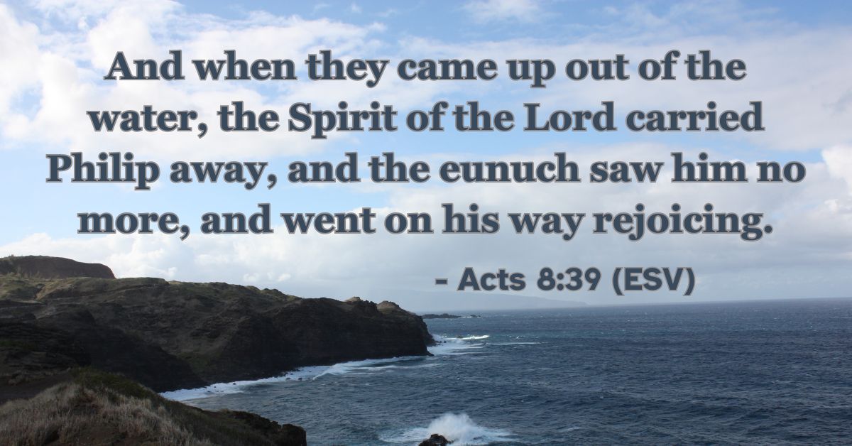 Acts 8:39 (ESV): And when they came up out of the water, the Spirit of the Lord carried Philip away, and the eunuch saw him no more, and went on his way rejoicing.