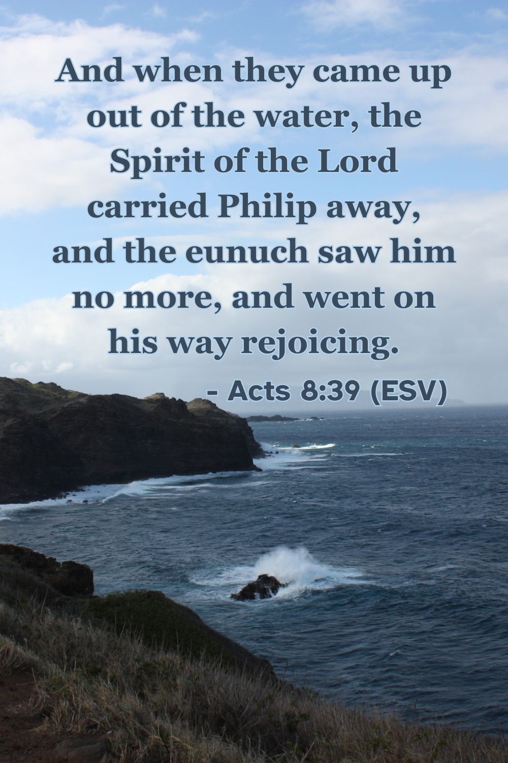 Acts 8:39 (ESV): And when they came up out of the water, the Spirit of the Lord carried Philip away, and the eunuch saw him no more, and went on his way rejoicing.