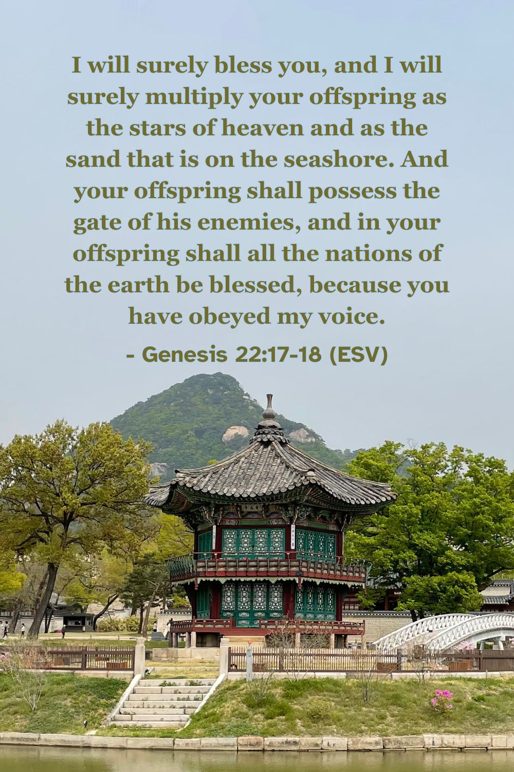 Genesis 22:17-18 (ESV): I will surely bless you, and I will surely multiply your offspring as the stars of heaven and as the sand that is on the seashore. And your offspring shall possess the gate of his enemies, and in your offspring shall all the nations of the earth be blessed, because you have obeyed my voice.