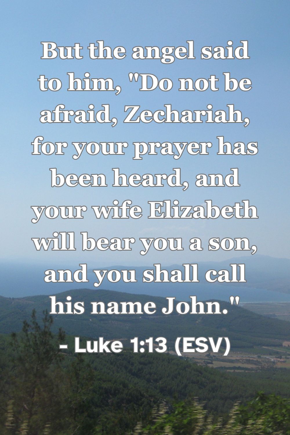 Luke 1:13 (ESV): But the angel said to him, "Do not be afraid, Zechariah, for your prayer has been heard, and your wife Elizabeth will bear you a son, and you shall call his name John."