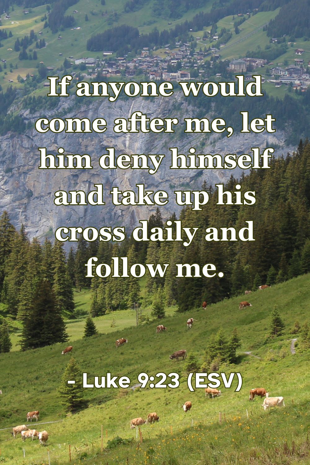 Luke 9:23 (ESV): "If anyone would come after me, let him deny himself and take up his cross daily and follow me."
