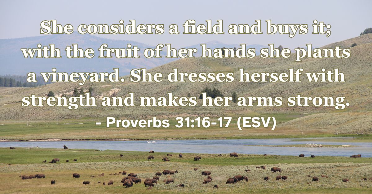 Proverbs 31:16-17 (ESV): She considers a field and buys it; with the fruit of her hands she plants a vineyard. She dresses herself with strength and makes her arms strong.