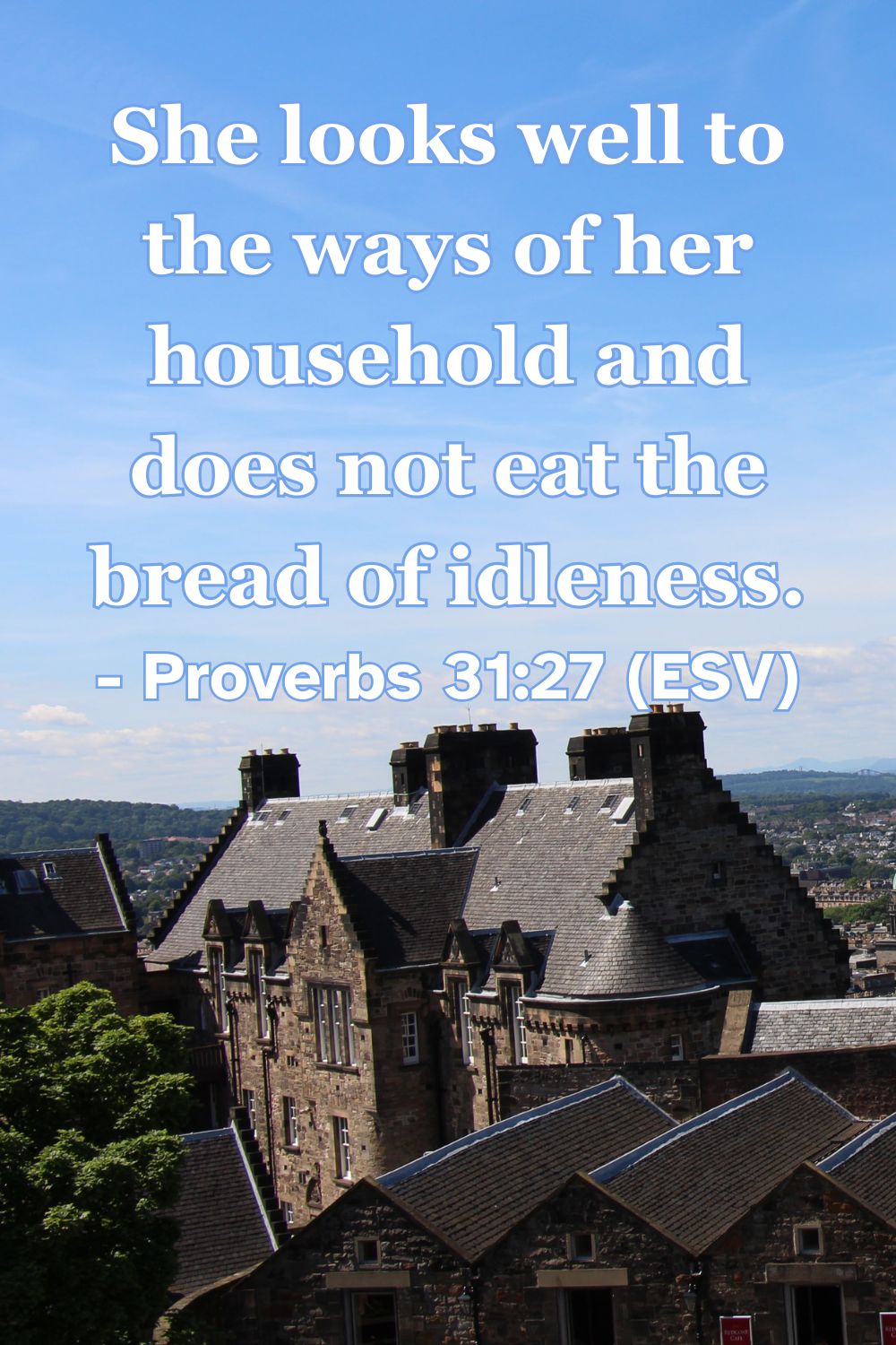 Proverbs 31:27 (ESV): She looks well to the ways of her household and does not eat the bread of idleness.
