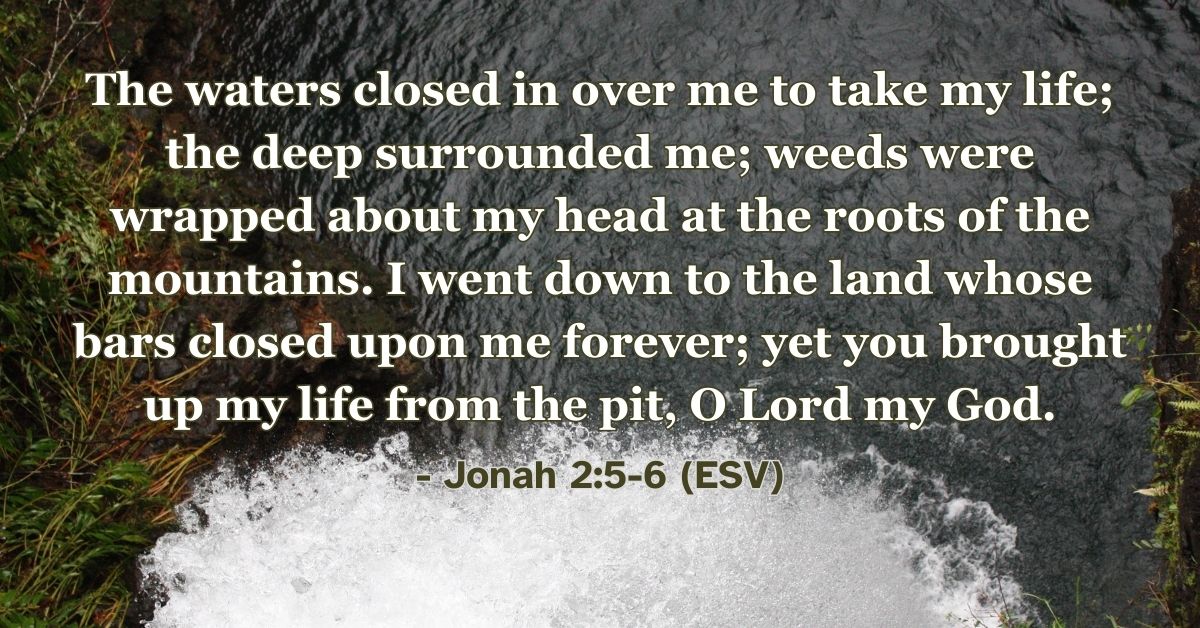 Jonah 2:5-6 (ESV): The waters closed in over me to take my life; the deep surrounded me; weeds were wrapped about my head at the roots of the mountains. I went down to the land whose bars closed upon me forever; yet you brought up my life from the pit, O Lord my God.