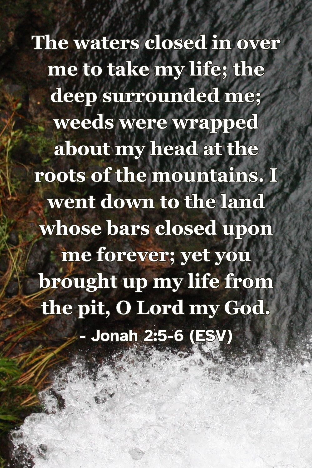 Jonah 2:5-6 (ESV): The waters closed in over me to take my life; the deep surrounded me; weeds were wrapped about my head at the roots of the mountains. I went down to the land whose bars closed upon me forever; yet you brought up my life from the pit, O Lord my God.