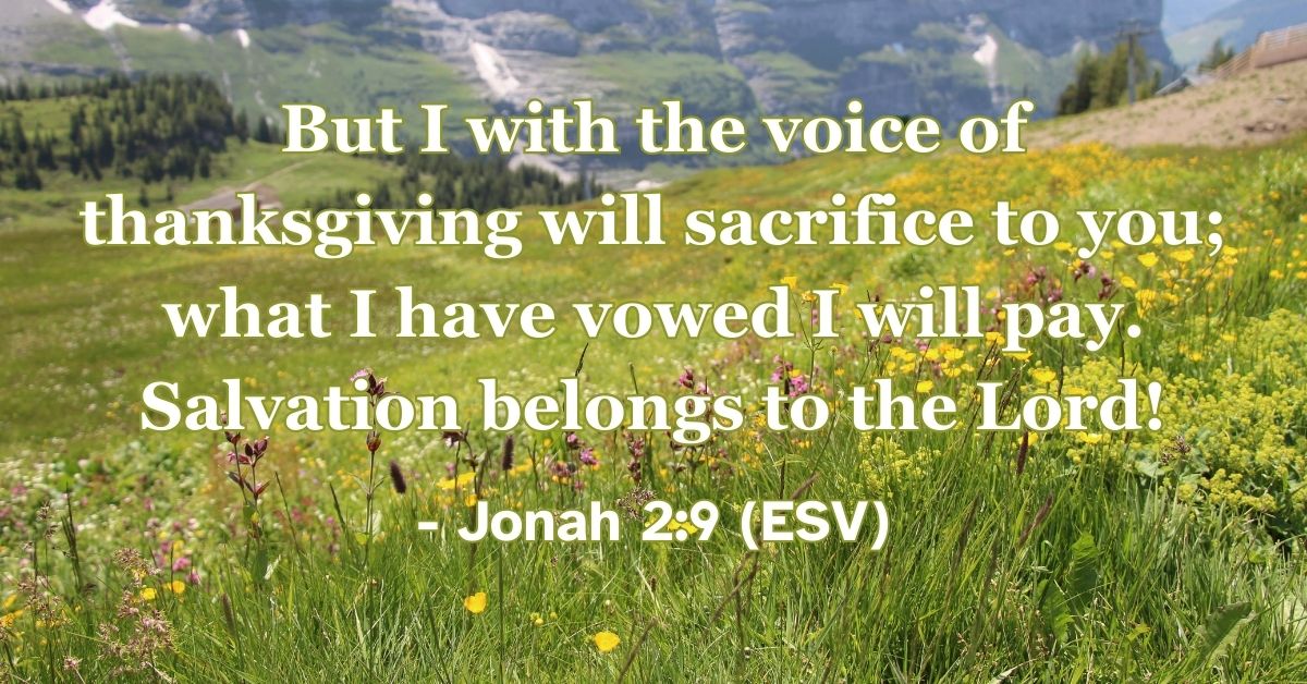 Jonah 2:9 (ESV): But I with the voice of thanksgiving will sacrifice to you; what I have vowed I will pay. Salvation belongs to the Lord!