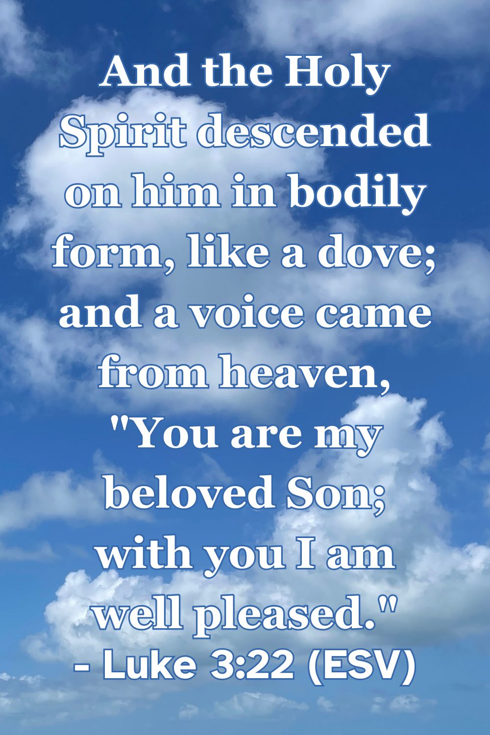 Luke 3:22 (ESV): And the Holy Spirit descended on him in bodily form, like a dove; and a voice came from heaven, “You are my beloved Son; with you I am well pleased.”