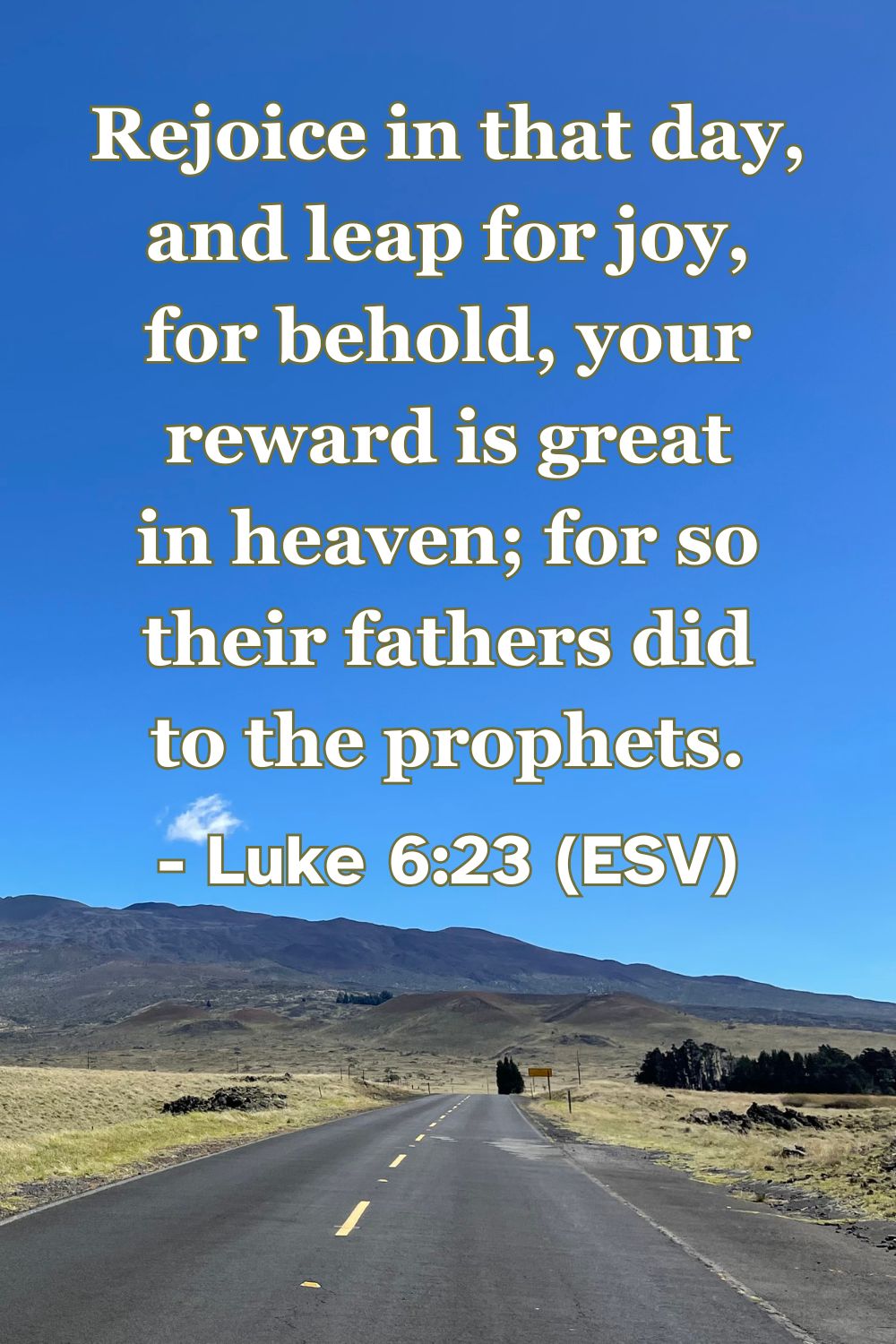 Luke 6:23 (ESV): Rejoice in that day, and leap for joy, for behold, your reward is great in heaven; for so their fathers did to the prophets.